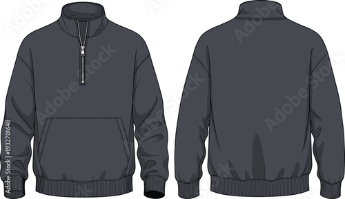 Quarter zip sweatshirt technical flat sketch, oversized drop shoulder fleece pullover vector illustration, front and back view fashion CAD drawing template.