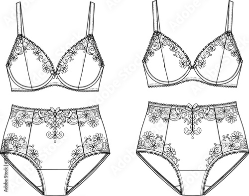 Lingerie Set Technical Flat Sketch with Floral Lace Embroidery Detail, High Waisted Panty and Underwire Bra, CAD Drawing Flat Vector Illustration