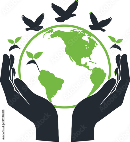 Hands holding the earth with growing plants and flying doves symbolizing environmental protection and global care.