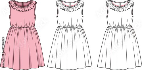 Girls sleeveless ruffle neck dress cad drawing flat vector illustration, pink and white summer fashion template with elastic waist, apparel sketch