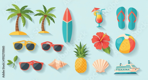 Summer vacation essentials - palm trees, sunglasses, surfboard, and tropical drinks.