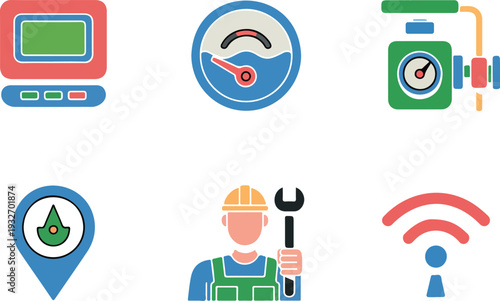 Industrial meter icons set featuring smart sensors and technician in flat design for utilities monitoring flow.