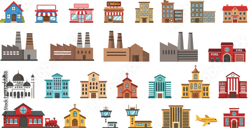 City buildings collection with factories cinema school hospital airport church and urban architecture flat vector illustration set