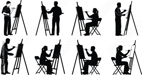 Silhouettes of male and female artists painting on canvas with easels in various standing and sitting poses isolated on white