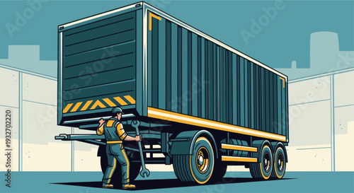 Illustration of a mechanic in overalls inspecting a dark blue shipping container trailer with a large wrench in hand, against a light blue industrial background.