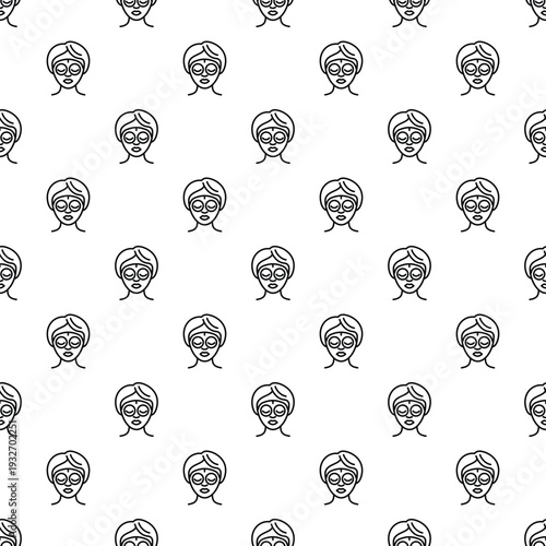 Seamless pattern with line art women receiving beauty facial mask treatments