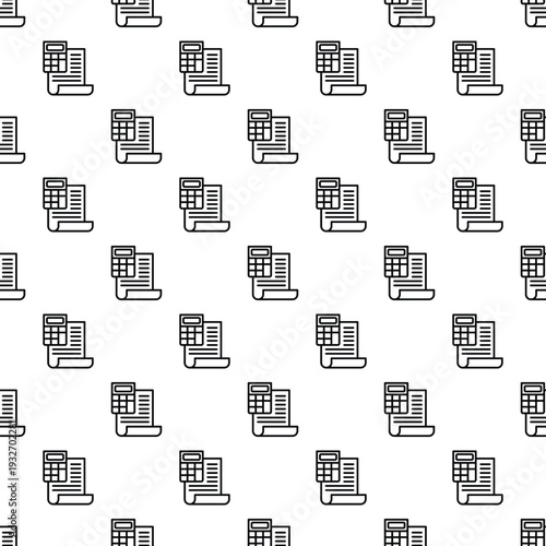 Accounting documents with calculator icons creating a finance and budget data analysis seamless pattern