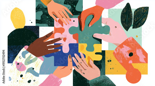 Multiple hands of diverse skin tones are assembling large, colorful jigsaw puzzle pieces together. 