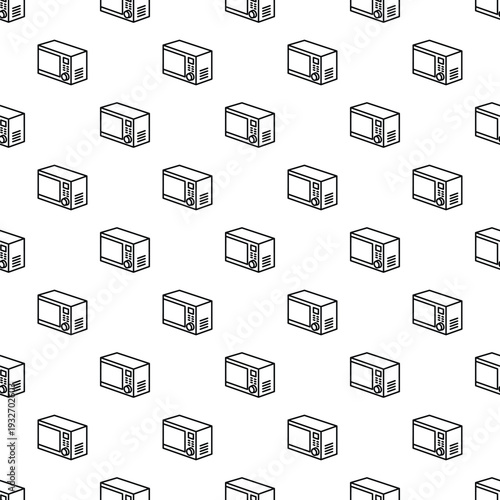 Microwave oven isometric outline icons creating a white background seamless pattern