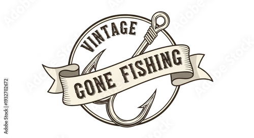 Vintage Gone Fishing Logo - Classic Angling Design with Hook and Ribbon.