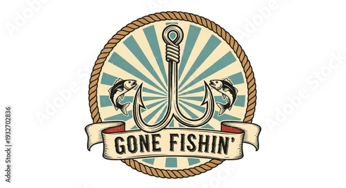 Vintage fishing logo with a fishing hook and fish, perfect for outdoor activities.