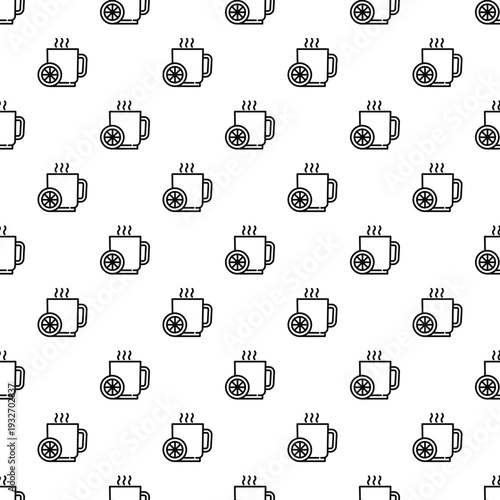 Seamless pattern with steaming mugs and lemon slices, creating a hot beverage background