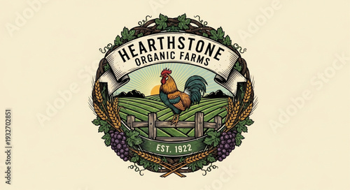 Hearthstone Organic Farms logo featuring a rooster and farm scene with natural elements.