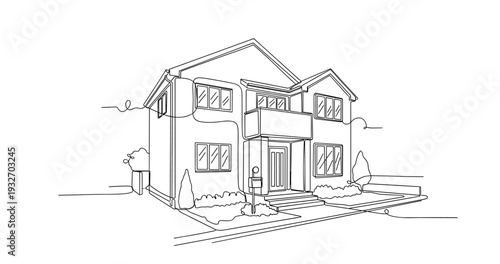Two story detached house exterior on suburban lot drawing. No editable stroke