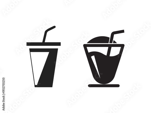 Black and white icons of two disposable cups with straws one empty and one full of liquid and ice  simple vector graphics for drink and beverage concepts