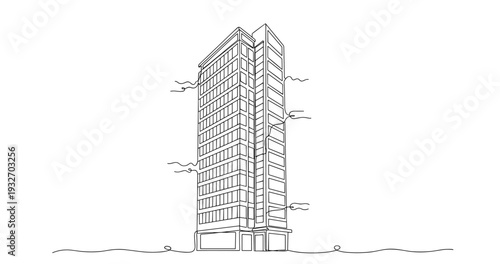 High rise office building standing on urban street line drawing. No editable stroke