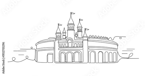 Castle palace structure standing beside circular arena complex. No editable stroke