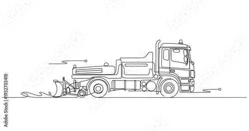 Road sweeper truck clearing debris on city street roadway. No editable stroke