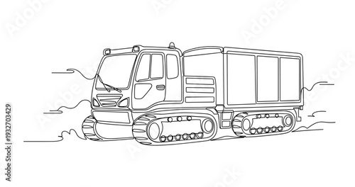 Tracked cargo vehicle traversing rough terrain in line drawing. No editable stroke