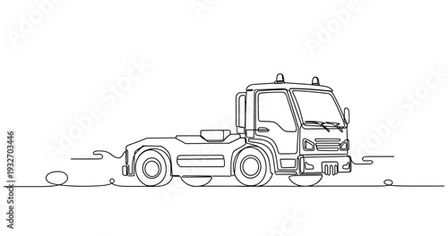 Truck cab parked in minimal line art landscape white background. No editable stroke