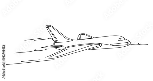 Airplane flying in motion across simple white background. No editable stroke