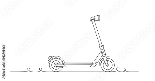Electric scooter standing in continuous line drawing on ground. No editable stroke