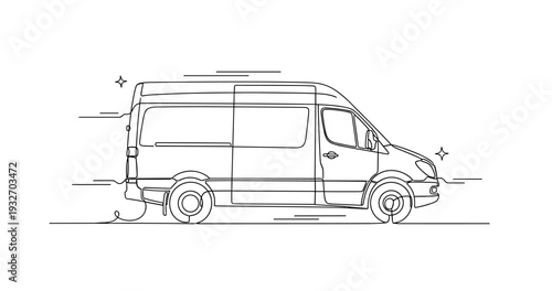 Van driving in motion on simplified street line illustration. No editable stroke
