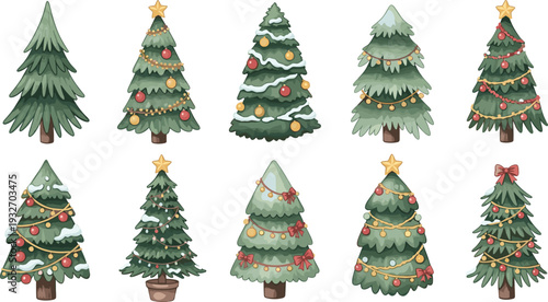 Collection of Decorated Christmas Tree Vectors with Red Baubles Golden String Lights and Snowy Textures for Traditional Holiday Invitations Greeting Cards and Seasonal Web Graphics