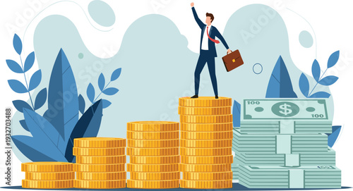 Successful Businessman Standing on Rising Stack of Gold Coins and Dollar Bills Celebrating Financial Growth Wealth Achievement and Career Success Concepts