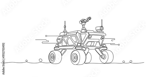 Planetary rover traversing rocky surface in outline sketch. No editable stroke