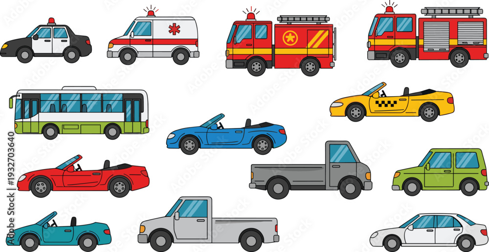 Naklejka premium Flat Urban Transport and Emergency Vehicle Collection Featuring Police Cars, Ambulances, Fire Trucks, Bus, Sports Cars, Pickup, Van and Sedan Icons