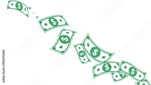 Green Dollar Bills Falling in a Curving Path for Financial Success Wealth Growth Investment Concepts and Money Rain Backgrounds for Business and Marketing