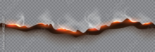 Paper burn fire background with torn edge and glowing embers. Paper fire effect on transparent backdrop, dark charred texture, orange heat glow. Realistic burning vector illustration.