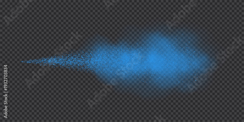Spray splatter texture background. Blue droplets spreading outward into dispersed dots with smoke cloud on transparent backdrop. Dynamic aerosol flow. Minimal abstract vector illustration.