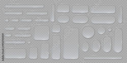 Transparent glass buttons. Liquid glass design elements with morphism effect. Modern digital interface icons for web and app design with rounded frame and subtle shadow. Vector illustration.