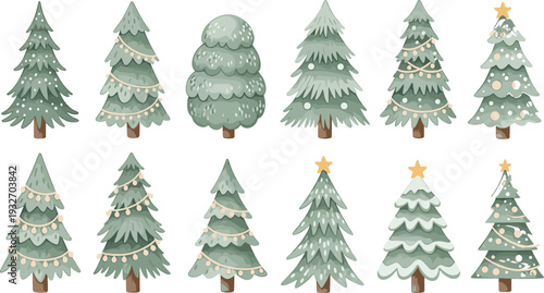 Set of Hand Drawn Christmas Tree Vectors with Snowy Pine Branches Fairy Lights and Golden Stars for Winter Holiday Greeting Cards and Festive Decorations