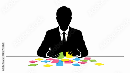 Silhouette figure leading brainstorming session with colorful sticky notes spread across clean white desk surface. Productive brainstorming session involves organizing ideas, planning tasks,