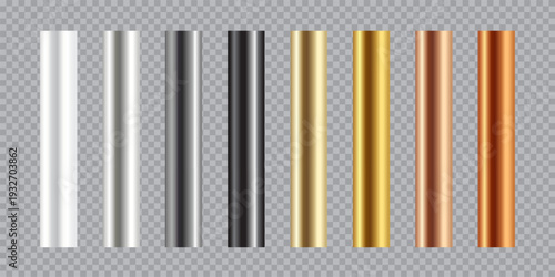Metal pipes set. Metallic rods. Color cylindrical tubes with smooth highlights, light reflections in parallel horizontal arrangement. Realistic vector illustration.