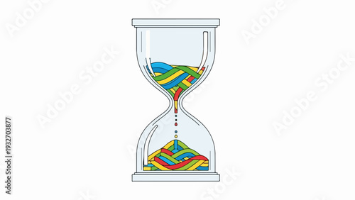Hourglass shows time concept, colorful sand flows between glass bulbs. Dynamic time concept visual symbolizes deadlines, progress, duration, ideal for business presentations, education,