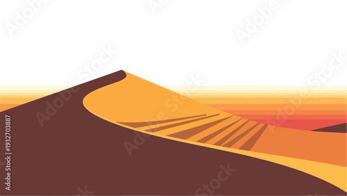 Graphic desert landscape illustration presents winding brown and orange dunes under clear, open sky. Minimalist desert landscape design highlights warm earthy tones and sharp shadows,