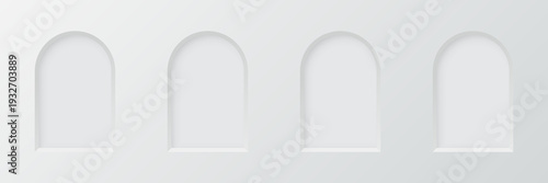 3d wall arch niche. Empty white semicircular shelf. Inside frame. Display stand, showcase mockup. Showroom, gallery, studio or shop product presentation. Realistic vector illustrations set.