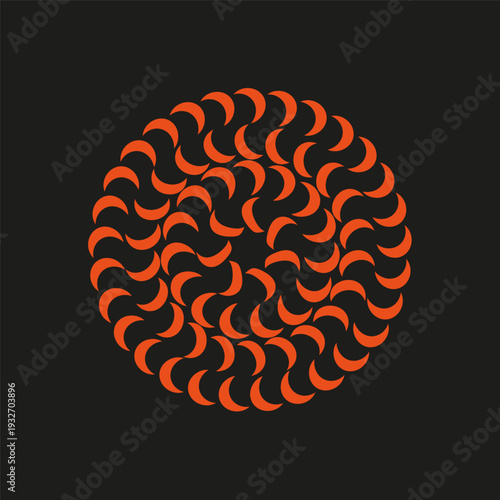 Extraordinary orange particles. Circular rotation Vector. Sophisticated kinetic elements. Symmetrical vortex ornamentations.