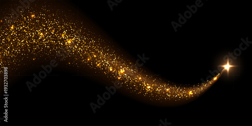 Golden magic star light effect. Gold glitter trail with glowing star. Star trail curved stream from glowing particles with star on dark background. Festive vector illustration.