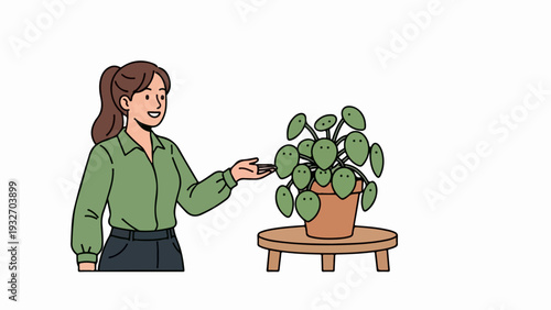 Smiling woman plant care, female character caring for a houseplant in terracotta pot on wooden stool. Woman plant care shows home gardening hobby.