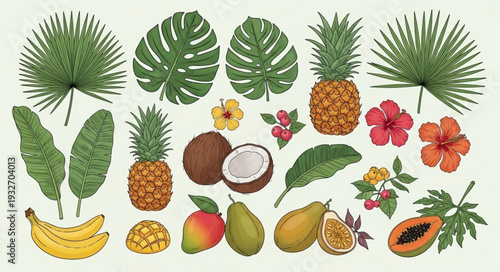 Tropical fruits and leaves arrangement, a vibrant collection of natures bounty.