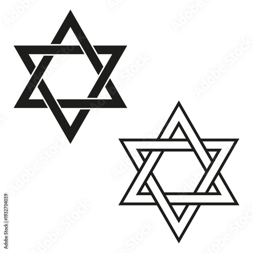 Jewish star symbol. Hebrew religious icon. Ancient Israel Vector sign. Double hexagram shape style. Traditional emblem art.