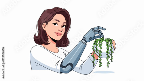 Smiling prosthetic arm woman holding small green plant in pot. Detailed prosthetic arm woman demonstrates bionic limb integration, embracing technology in everyday life.