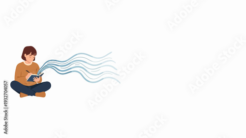 Person engaged in creative writing, sitting cross-legged with notebook, pen. Blue wavy lines stream from notebook, symbolizing inspiration, thought process, imagination during creative writing.