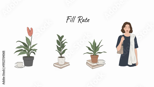 Fill Rate illustration with varied potted plants, woman figure on clean background. Diverse Fill Rate elements including indoor flora, elegant female, symbolize capacity, progress.