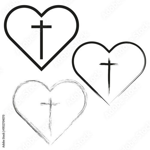 Sacred Christian hearts. Religious faith Vector. Spiritual love icons. Sophisticated clean white background graphics.